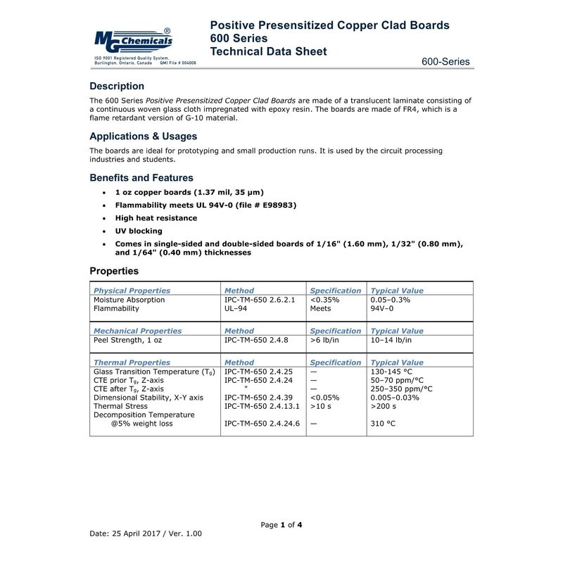 MG Chemicals - Single Sided Copper Clad Board Presensitized - 1/16
