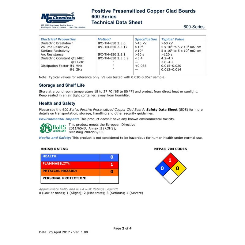 MG Chemicals - Single Sided Copper Clad Board Presensitized - 1/32